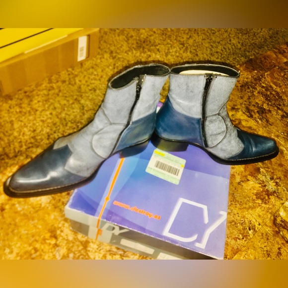 MENS SALVATORE 2 Tone Distressed Denim Blue Zippered BOOTS - Picture 4 of 7